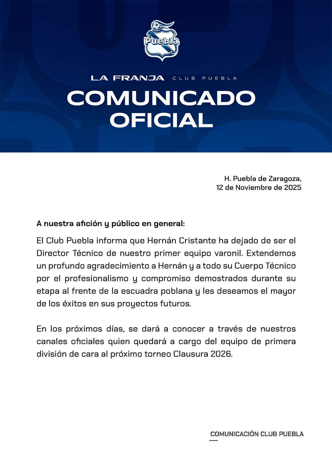 Hernán Cristante deja de ser entrenador del Club Puebla